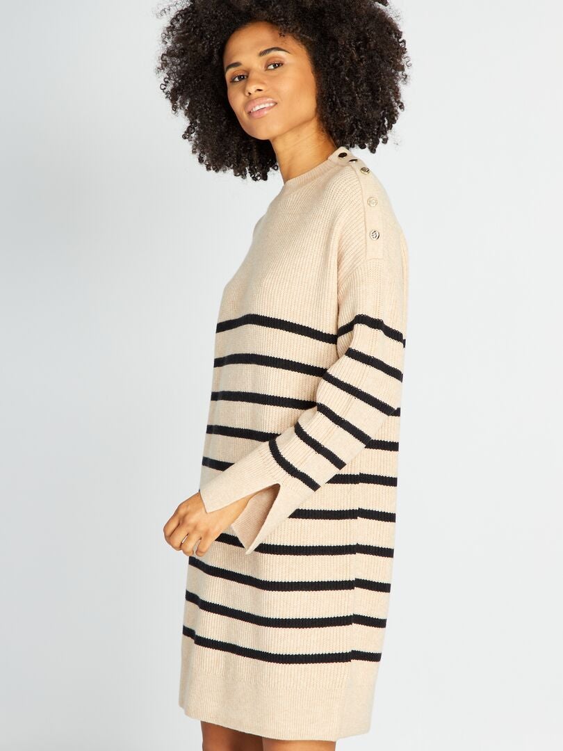 Gestreepte maxi-trui met lange mouwen - Beige/Zwart