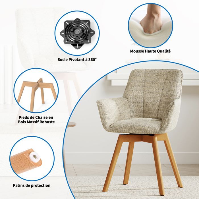 WAFTING Lot de 2 Chaises de Salle à Manger Pivotantes avec Accoudoirs, Fauteuil Rembourrée avec Dossier en coton, Khaki