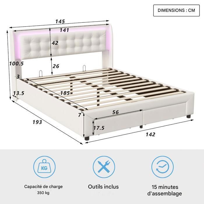 Double bed 140x190 cm - SUNFECILI - Storage with slatted base - LED - Beige - Hydraulic storage