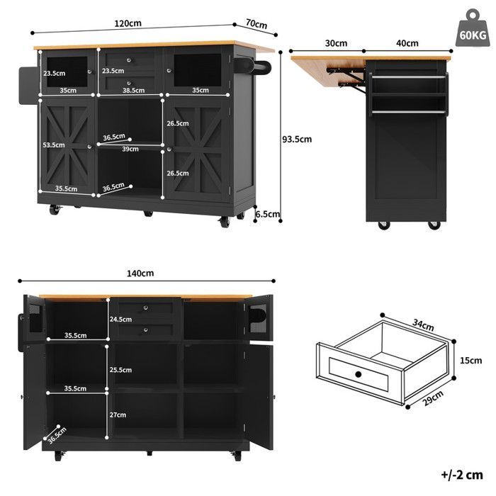 Carrito de cocina negro con tapa extensible de 70x120 cm, 5 ruedas giratorias y 2 cajones profundos.