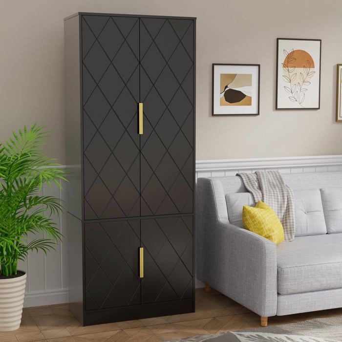GOOBUY Buffet Haute de Cuisine, Armoire Rangement à 4 Portes, Meuble de Rangement, Motif Ligne, Style Scandinave, 60x30x150cm, Noir