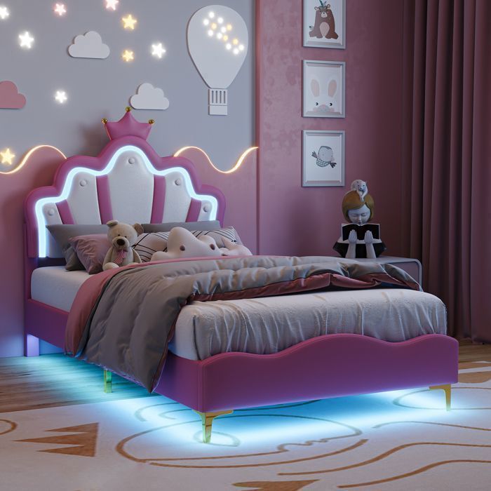 Letto per bambini - EIFSON - Letto da principessa 90x200 cm - Testiera regolabile - LED integrato - Rosa