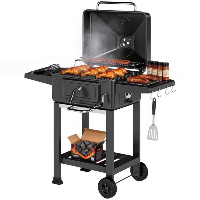 Barbecue charbon de bois - Outsunny - avec couvercle, bac à charbon et évents réglables 600°C thermomètre - métal - 112cm - noir