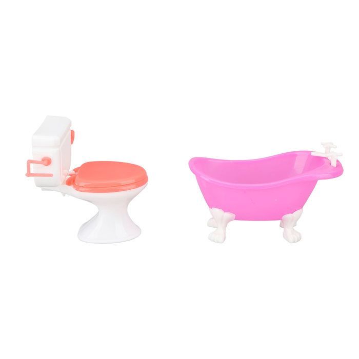 Dollhouse bathroom set, miniature toilet simulation, sink, bathtub, mirror, washing machine.