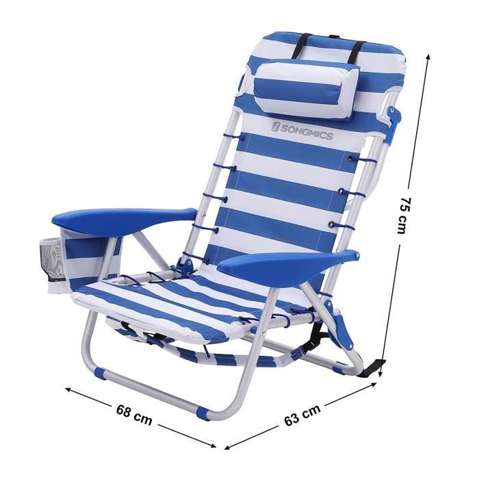 Silla de playa portátil SONGMICS con almohada, reclinable, estilo mochila, silla de exterior, rayas azules y blancas GCB62BU