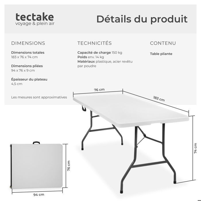 Mesa de camping - TECTAKE - Mesa plegable con correa de transporte incluida y patas antideslizantes 183 x 76 x 74 cm - Blanca