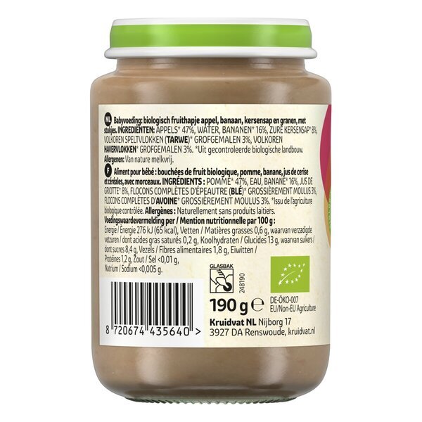 Kruidvat 8+M Organska voćna grickalica od jabuke, banane, višnje i žitarica<br>190g
