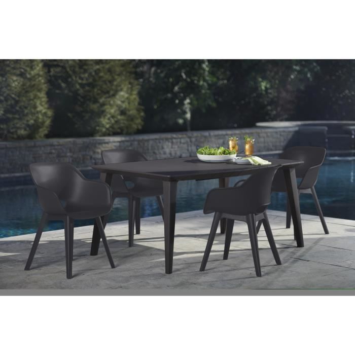 ALLIBERT JARDIN Table LIMA 160x100cm - Graphite + 2 lots de 2 fauteuils AKOLA Graphite - Résine