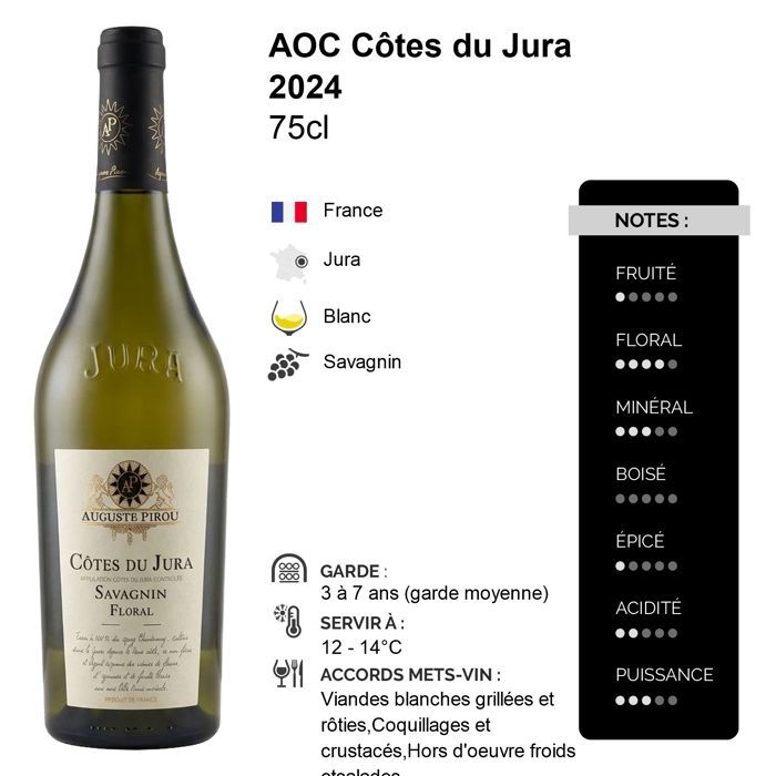 Auguste Pirou Côtes du Jura Savagnin Floral 2024 - Vinho Branco do Jura (3x75cl)
