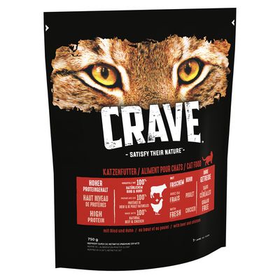 Ração seca CRAVE para gatos adultos, sabor carne bovina e frango.