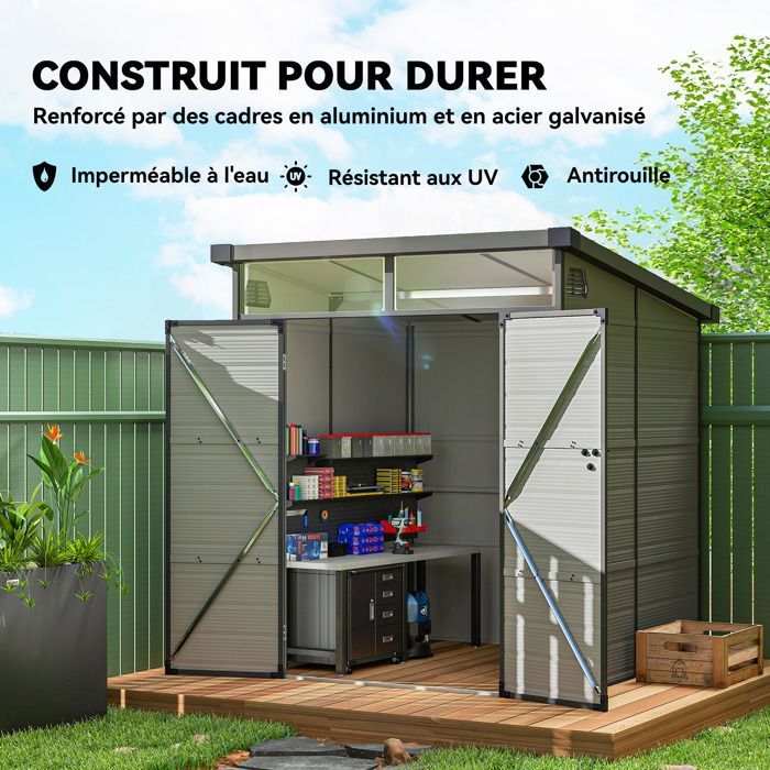 Caseta de jardín Outsunny con ventanas, 2 rejillas de ventilación y puerta doble con cerradura, de polipropileno, 190 x 191 x 215 cm, color gris.