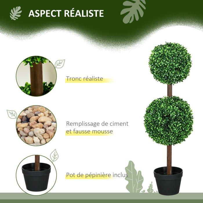 Boj artificial - HOMCOM - juego de 2 bolas dobles con tronco y maceta incluidos - decoración - plástico - altura 90 cm - verde
