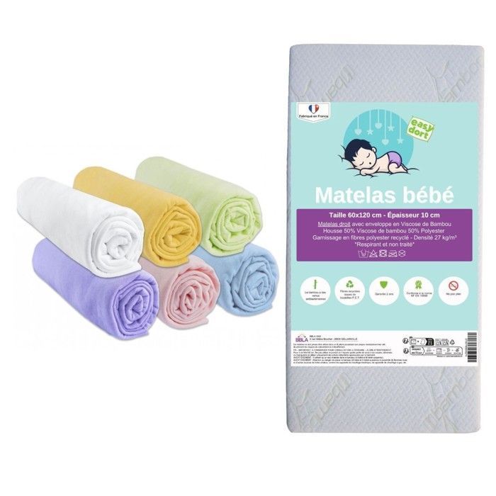 KIT PRATIQUE BEBE Matelas 60x120 Lit bébé Lit Parapluie + 6 Draps housse Coton + 2 Alèses Coton | Oeko-Tex |Fabrication France UE