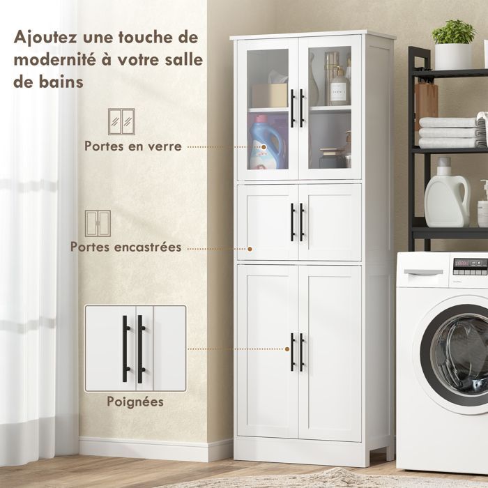 Badkamerkast - HOMCOM - 6 planken - 6 deuren, waarvan 2 van glas, verstelbare planken - MDF - 60x30x170cm - wit