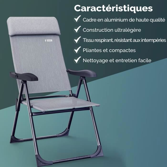Conjunto de 4 cadeiras de jardim dobráveis, cinza mesclado, em alumínio, com apoio de braços e encosto ajustável em 7 posições, ideais para praia, piscina, camping e viagens.