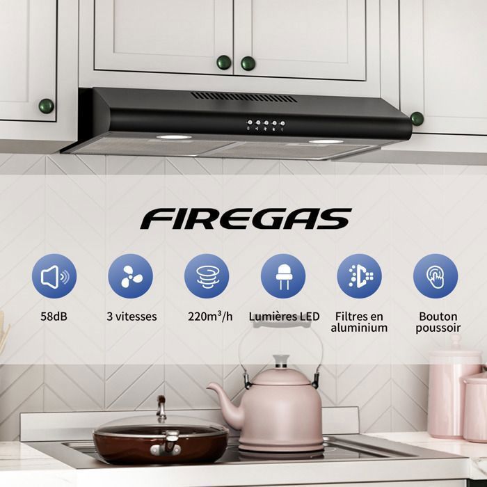FIREGAS 60cm Cooker Hood - Visor Hood - LED Lighting - Carbon Filter Included - Extraction and Recirculation - Kitchen Hood
