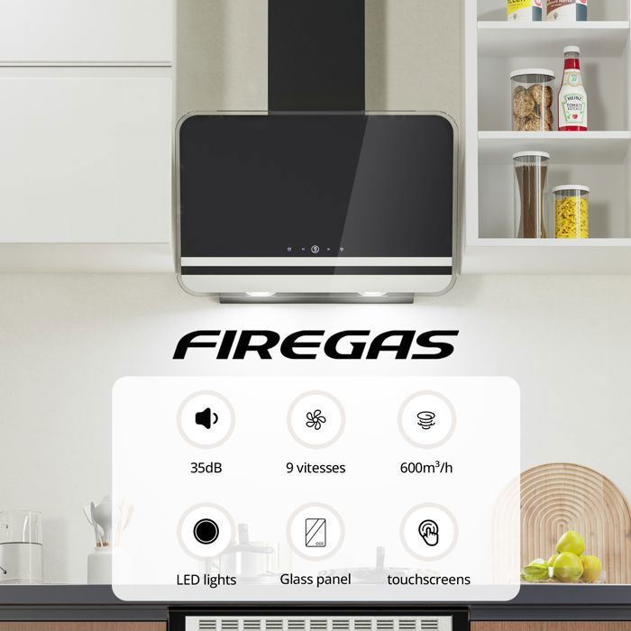 FIREGAS 60cm afzuigkap, hoekmodel, krachtige luchtstroom 578 m³/h, touchscreen, energieklasse A++