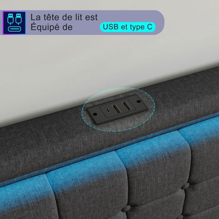 Structure de lit - SUNFECILI - 180x200 cm - 4 tiroirs - USB - LED - Gris foncé