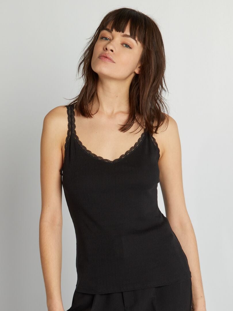 Pointelle tanktop met spaghettibandjes - zwart