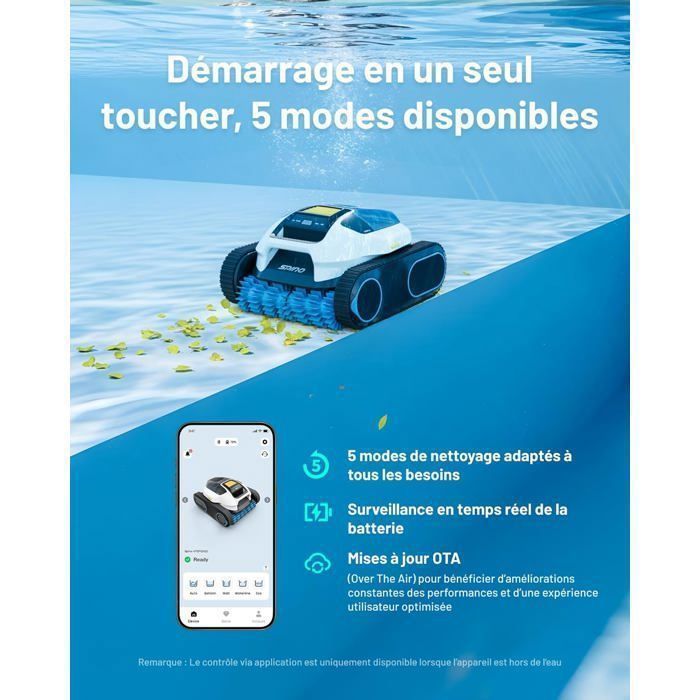 Spino E1 Robot Piscine Sans Fil, Nettoie Fond Parois et Ligne d'Eau, avec App, Trajet SmartArc, 210 Min & 150m² d'Autonomie