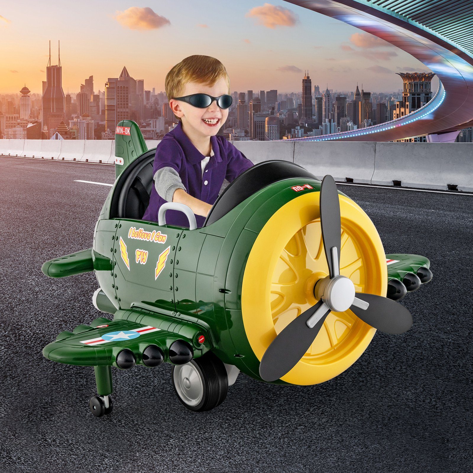 Carro elétrico infantil COSTWAY, avião elétrico com hélice, brinquedo de avião