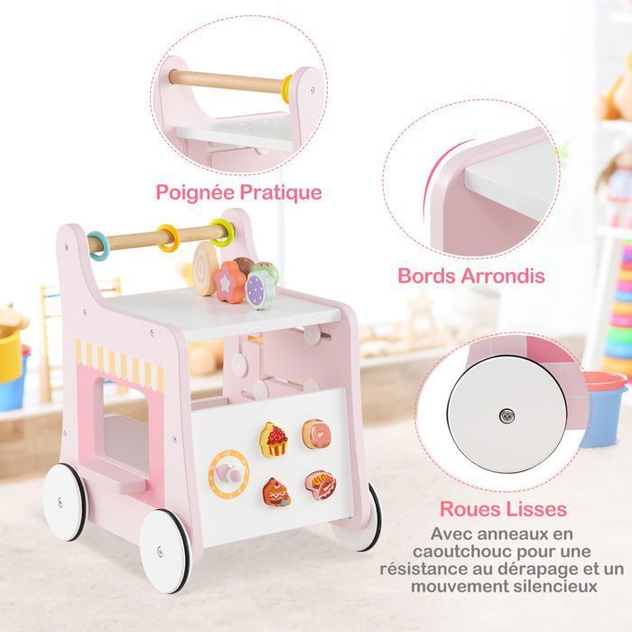 Andador de madera DREAMADE para niños de 1 año en adelante, carrito de helados multifuncional con accesorios para dulces y ruedas suaves, rosa.