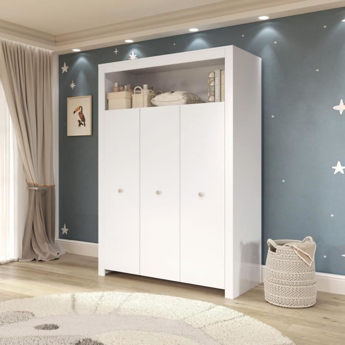 Conjunto de tres piezas para habitación infantil: cuna de 70 x 140 cm + cambiador + armario OLIVIA - Blanco - TREND TEAM