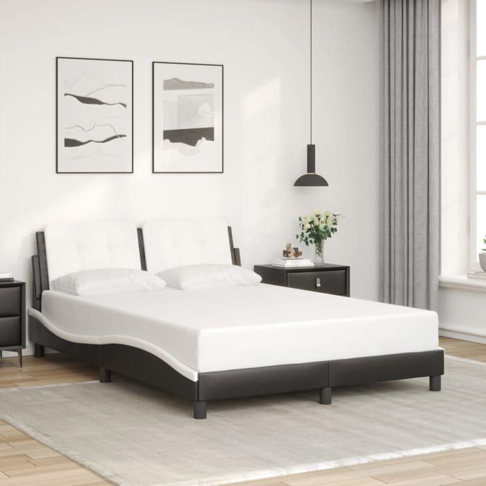 Estructura de cama vidaXL con luces LED, blanco y negro, 140x190 cm, piel sintética, cama, base de láminas, cama de piel sintética, muebles de dormitorio