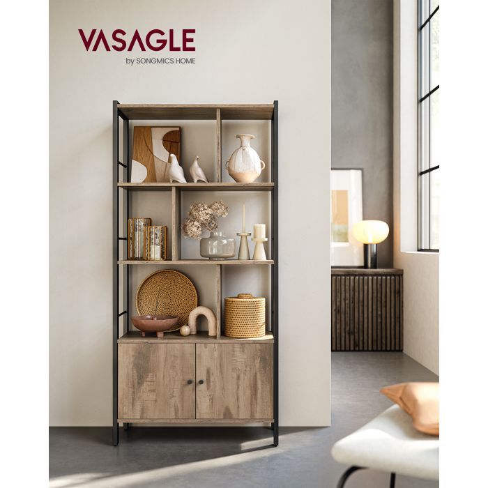 Libreria a 4 ripiani VASAGLE, mobile contenitore, armadio con ante, grande, struttura in acciaio, marrone cammello e nero