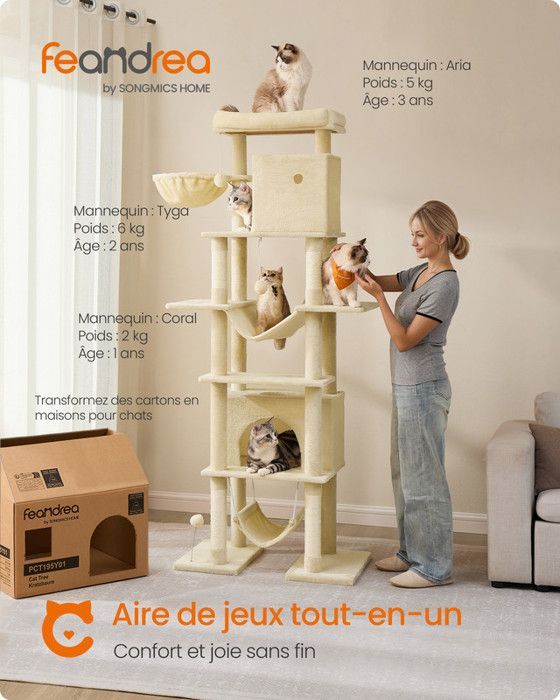 201cm Cat Tree, XXL Size, Multi-Level, 1 Platform, 1 Basket, 2 Caves, 2 Hammocks, Anti-Tip Device, Beige