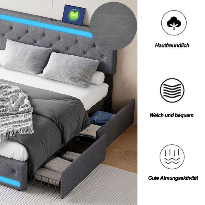 Letto imbottito 180x200 cm, letto matrimoniale con 4 cassetti contenitore, letto per adulti con porta USB e illuminazione a LED, biancheria da letto inclusa, materasso non incluso.