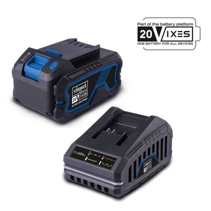 Batería de 4,0 Ah y 20 V + cargador: batería universal para la gama SCHEPPACH 20V IXES.