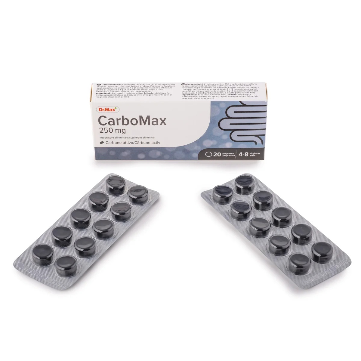 DR. MAX Dr.Max CarboMax 250 mg 20 tabletten Voedingssupplement met plantaardige houtskool tegen een opgeblazen gevoel en winderigheid
