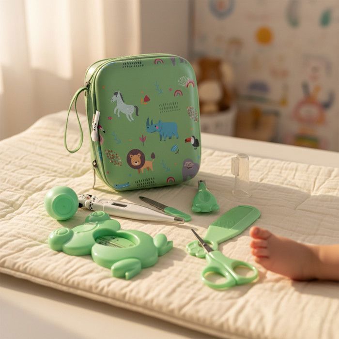 PLIC – Babypflege-Set – 9-teilig, reisefreundliches Set mit Reißverschluss, Hygiene & Maniküre, Grün