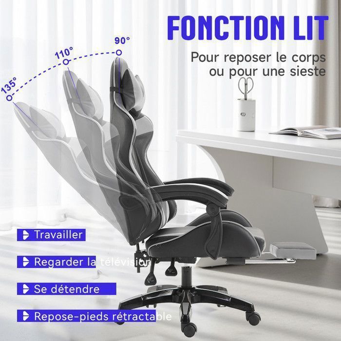 Chaise Gaming Ergonomique Noir et Gris, Support Lombaire, Repose-pieds, Oreilles de Chat, Coussin Tête, Inclinaison Réglable