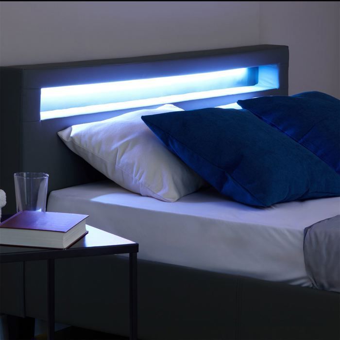 Lit LED double 140x190 cm avec sommier, tête de lit confortable, lit 1 place revêtement synthétique gris, PINOT