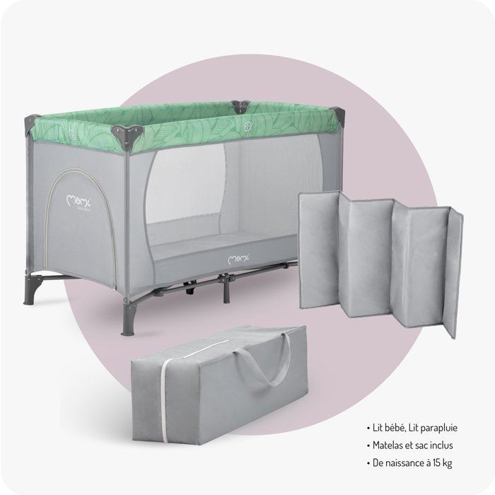 MoMi BELOVE – Lit Parapluie Bébé Pliant – Matelas + Sac de Transport – Accès Latéral – 2 Roulettes – Jade