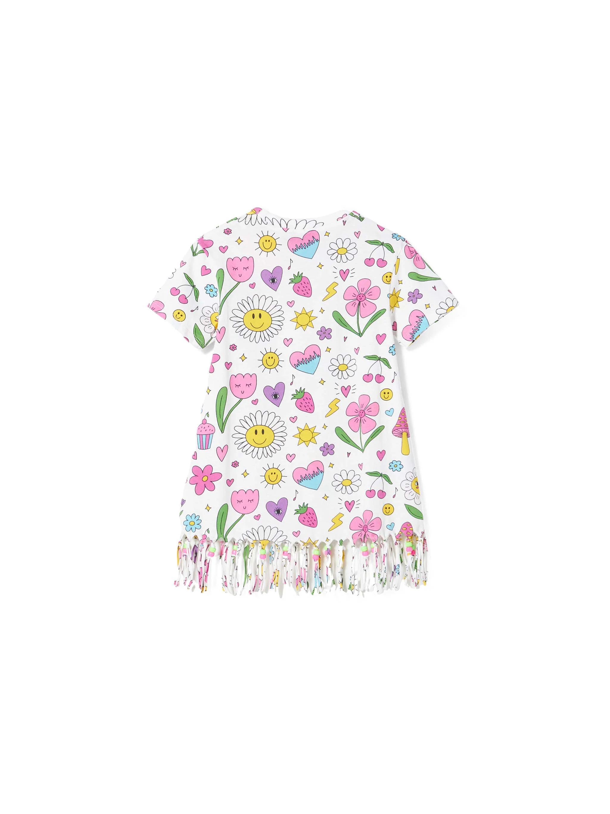 Witte katoenen jurk voor meisjes met print en versieringen.