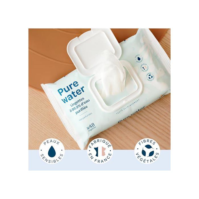 Lingettes bébé - Biolane - Pure Water - À l'eau purifiée - Peaux sensibles - Fabriqué en France