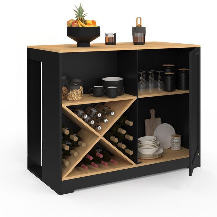 IDMARKET Table de bar îlot VITO 113 cm avec range bouteilles bois noir et plateau façon hêtre