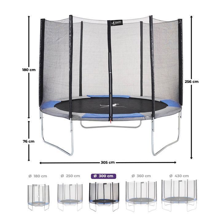 Trampoline KANGUI - RALLI Ø 300‑305 cm – Enfant – Filet de sécurité – Certification CE & NF EN 71-14
