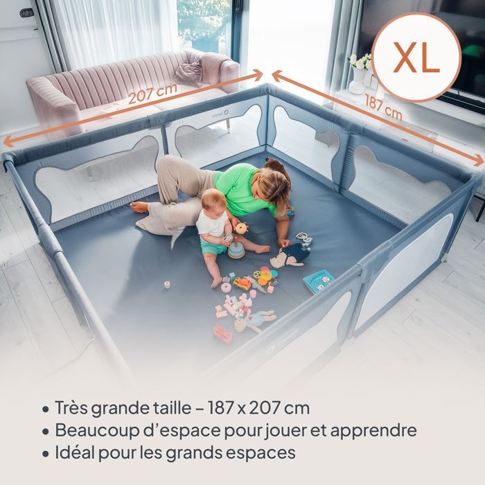 LIONELO Willow XL Laufstall für Babys – 207 x 187 cm – Seitenwände aus Netzgewebe – Große, sichere Spielfläche – Schutzgitter – Grau