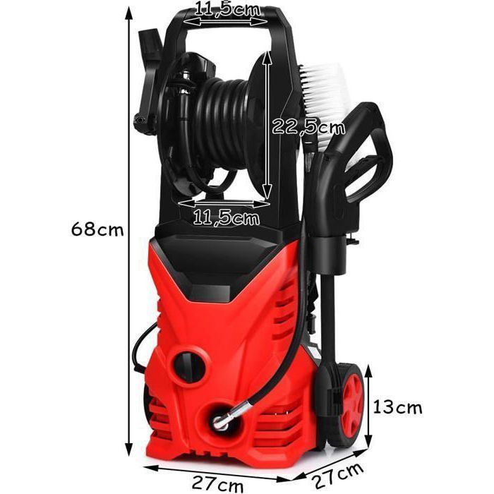 COSTWAY Nettoyeur Haute Pression 1500W 140Bar avec Tuyau Flexible 5M 300L/H,Buse Lotus,Buse Haute Pression Pot de Savon Rouge