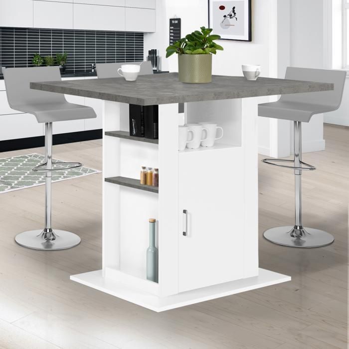 IDMARKET Ilot central UGO 110 cm plateau effet béton et blanc avec rangements