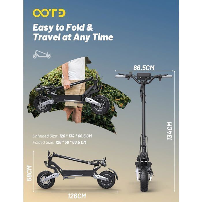 OOTD T10 - Trottinette Electrique Pliable - Batterie 48 V 13,5 Ah - Max 55KM/H - 11‘’ pouces - Moteur 900W - Autonomie 45km