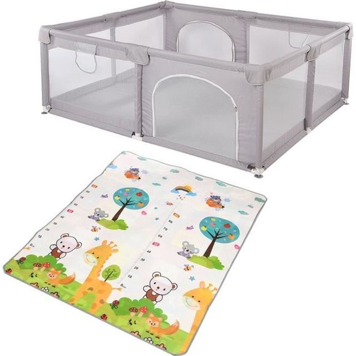 Parque infantil - GOLDCMN - Con alfombra y 2 anillas para colgar - Gris - 1,5 x 1,8 m