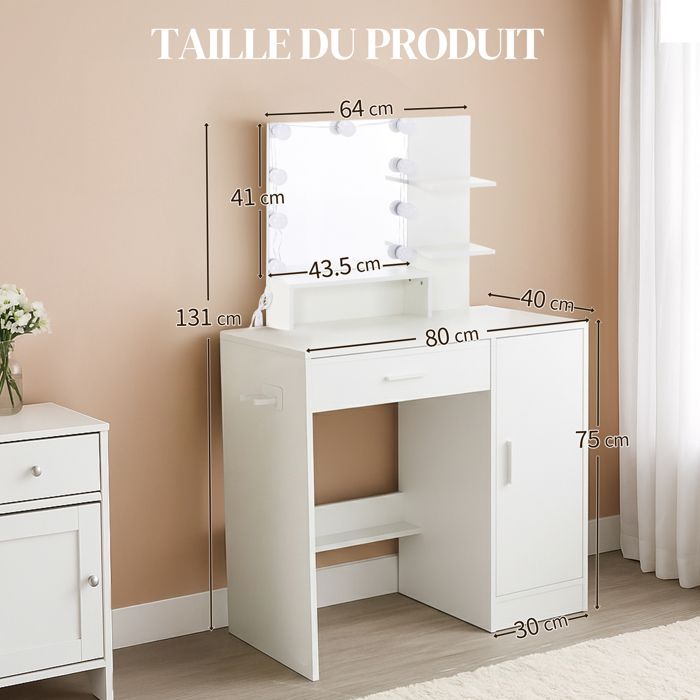 Coiffeuse avec  Miroir LED 3 Couleurs Réglables, Tiroirs et Porte, 80x40x130 cm, Blanc
