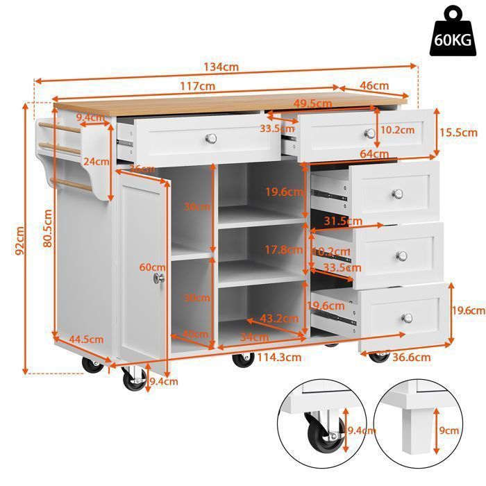 Keukentrolley - TKOPY - Verrijdbaar keukeneiland met 5 lades en 1 deur - Keukeneiland - 134x46x92cm - Wit