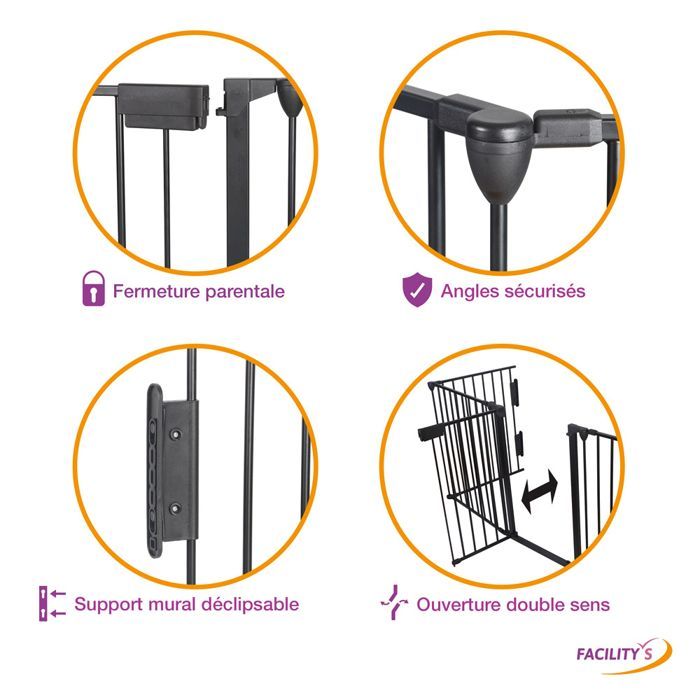 Barrière de protection, sécurité bébé/enfant/animaux L300 x H74.5 cm -  métal - FACILITYS - 5 panneaux + poignée sécurisée - noir