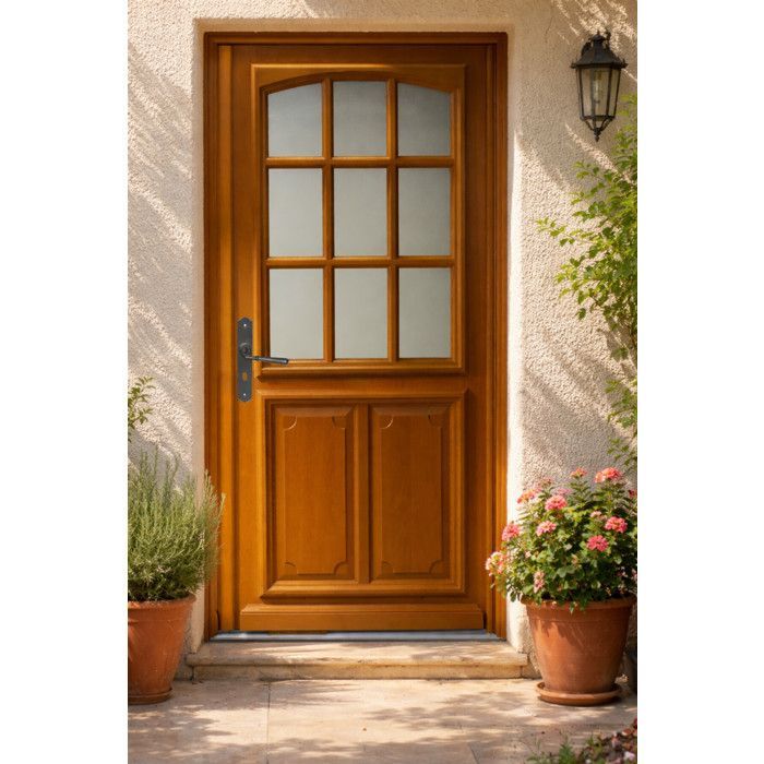 Puerta de entrada de madera acristalada de estilo náutico, 200 cm de alto x 90 cm de ancho, lado derecho del marco de la puerta.